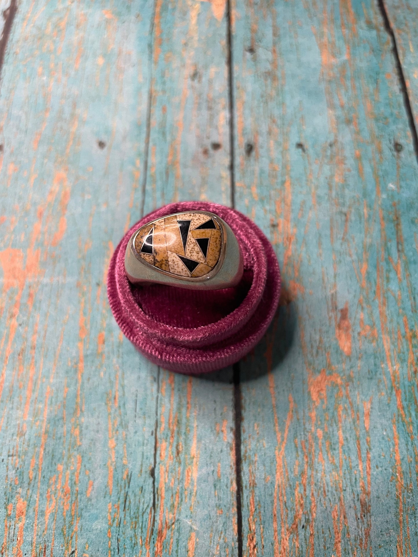 Old Pawn Handcrafted Sterling Silver, Tiger Eye & Onyx Ring Size 10