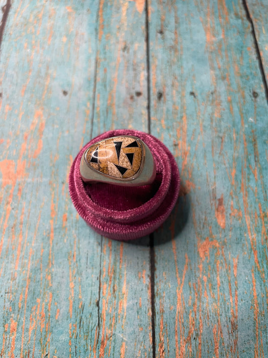 Old Pawn Handcrafted Sterling Silver, Tiger Eye & Onyx Ring Size 10