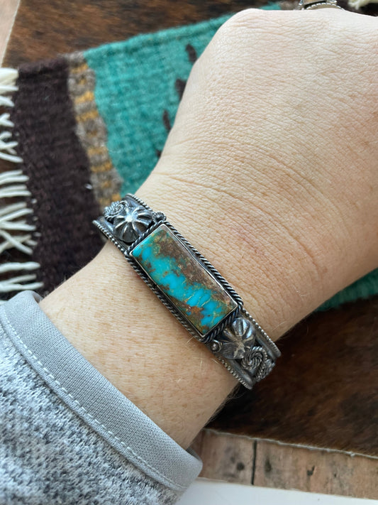 Handcrafted Turquoise & Sterling Silver Cuff Bracelet Signed Jacquline Silver