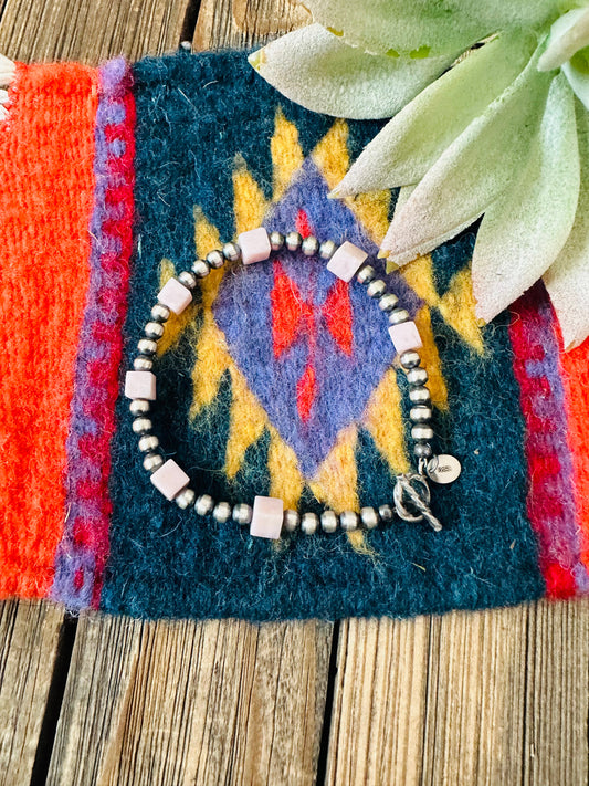 Handcrafted Queen Pink Conch Shell & Sterling Silver Beaded Bracelet