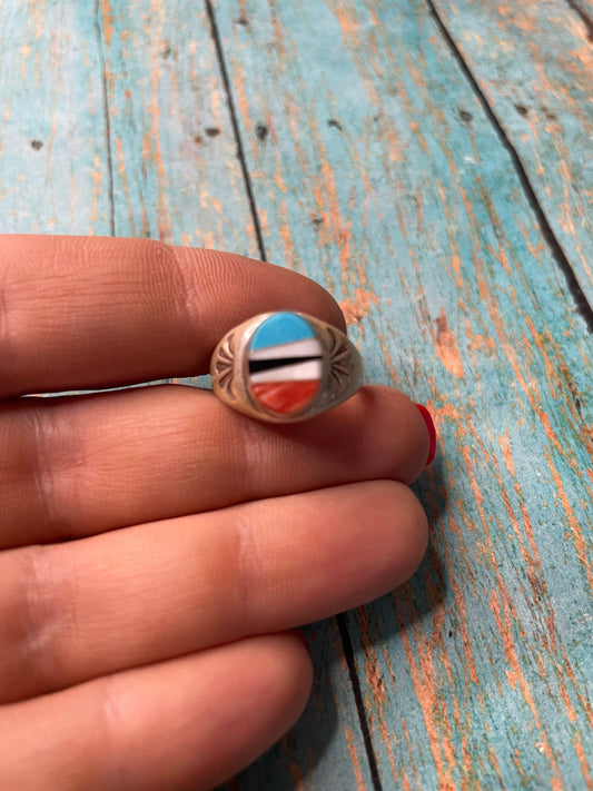 Old Pawn Handcrafted Sterling Silver & Multi Stone Inlay Ring Size 6