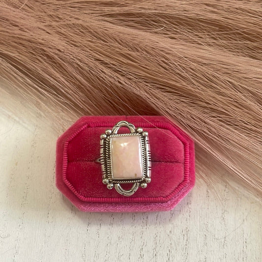 Gorgeous Handcrafted Pink Peruvian Opal And Sterling Silver Adjustable Ring