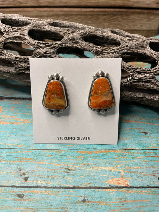 Handcrafted Apple Coral And Sterling Silver Post Earrings Signed