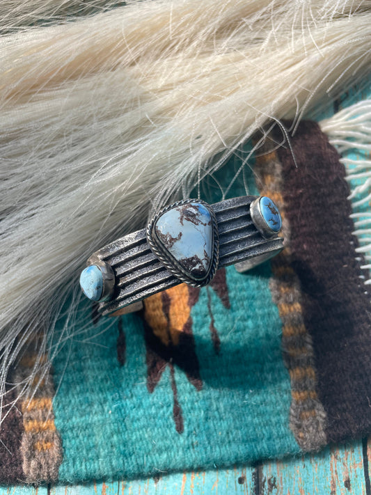 Handcrafted Golden Hills & Sterling Silver Tufa Cast Cuff Bracelet Signed /