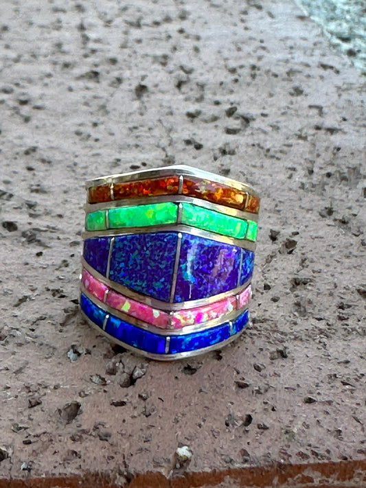 Handcrafted Sterling Silver Tri Color Opal Inlay Stacker Ring