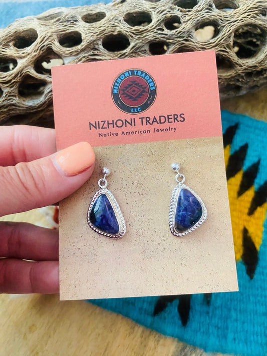 Handcrafted Charoite & Sterling Silver Dangle Earrings Signed