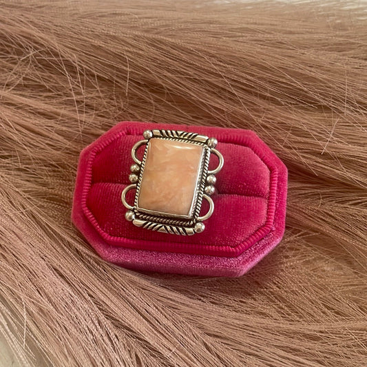 Gorgeous Handcrafted Pink Peruvian Opal And Sterling Silver Adjustable Ring