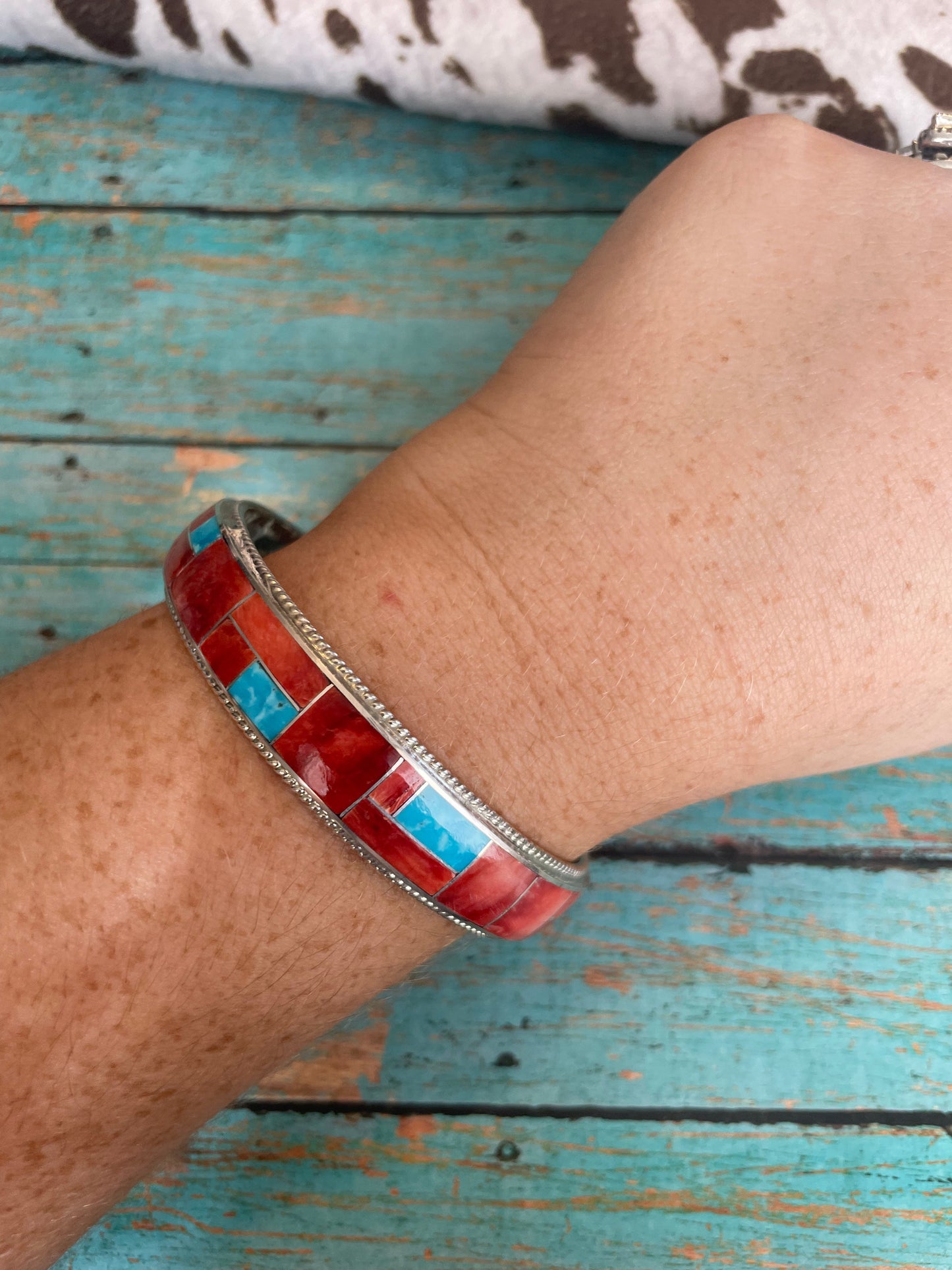 Handcrafted Turquoise & Spiny Inlay Sterling Silver Bangle