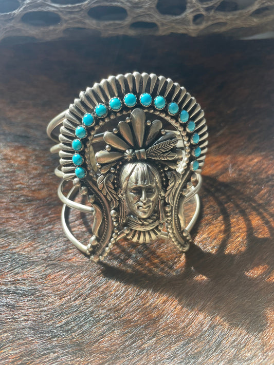 Sterling Silver & Turquoise Chief Cuff Bracelet Signed /