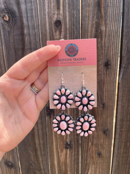 “The Sunday Morning” Handcrafted Pink Conch and Sterling Silver Flower Dangle Earrings Signed
