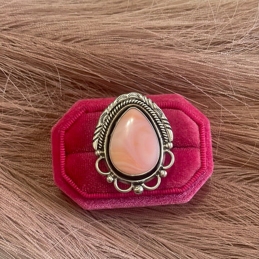 Gorgeous Handcrafted Pink Peruvian Opal And Sterling Silver Adjustable Ring