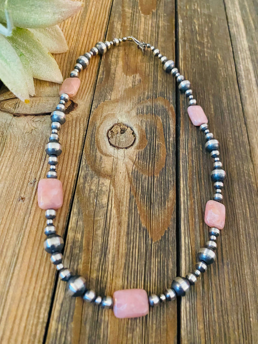 Handcrafted Sterling Silver Pearl & Pink Opal Beaded Necklace