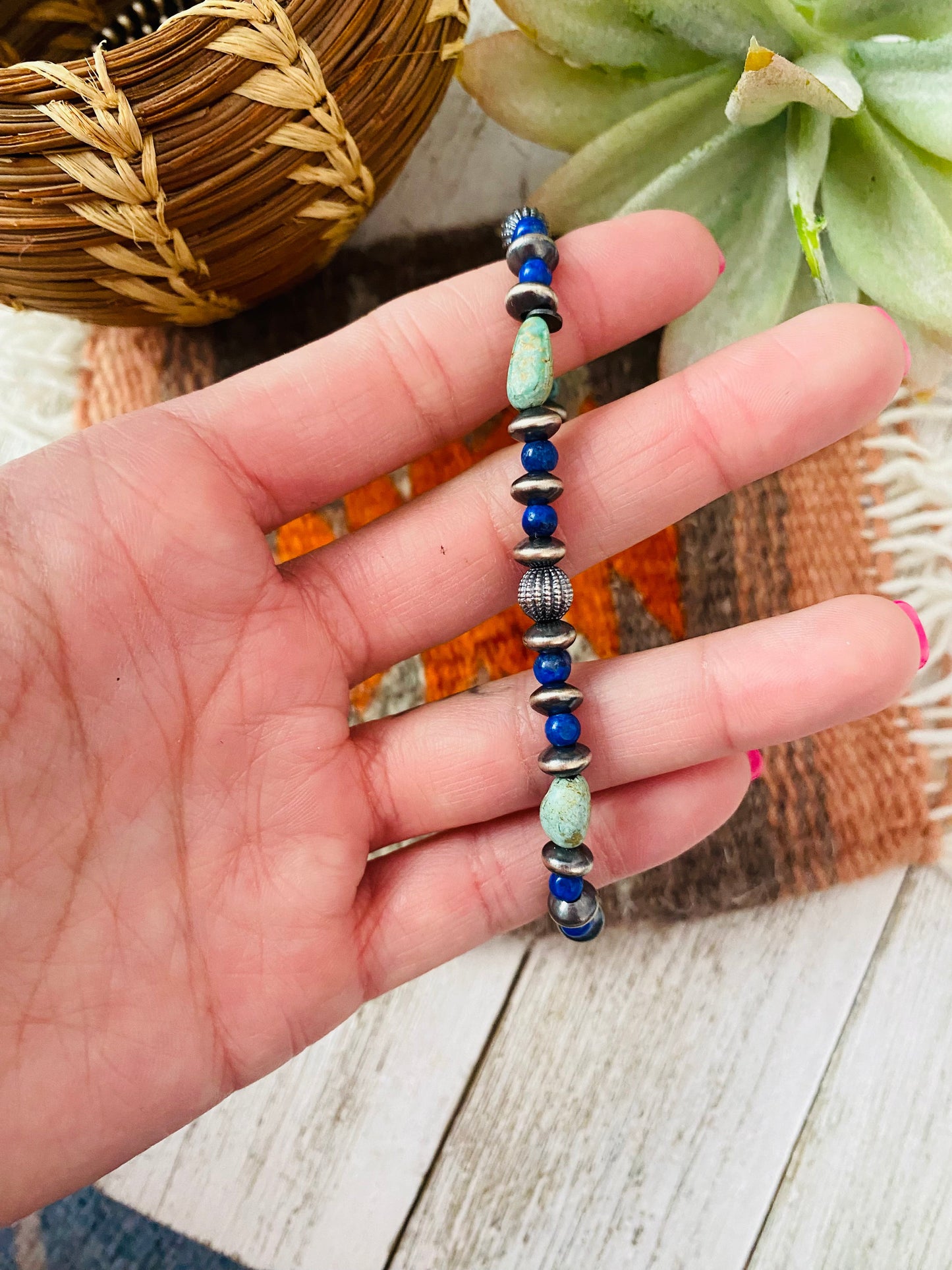 Handmade Turquoise, Lapis & Sterling Silver Beaded Stretch Bracelet