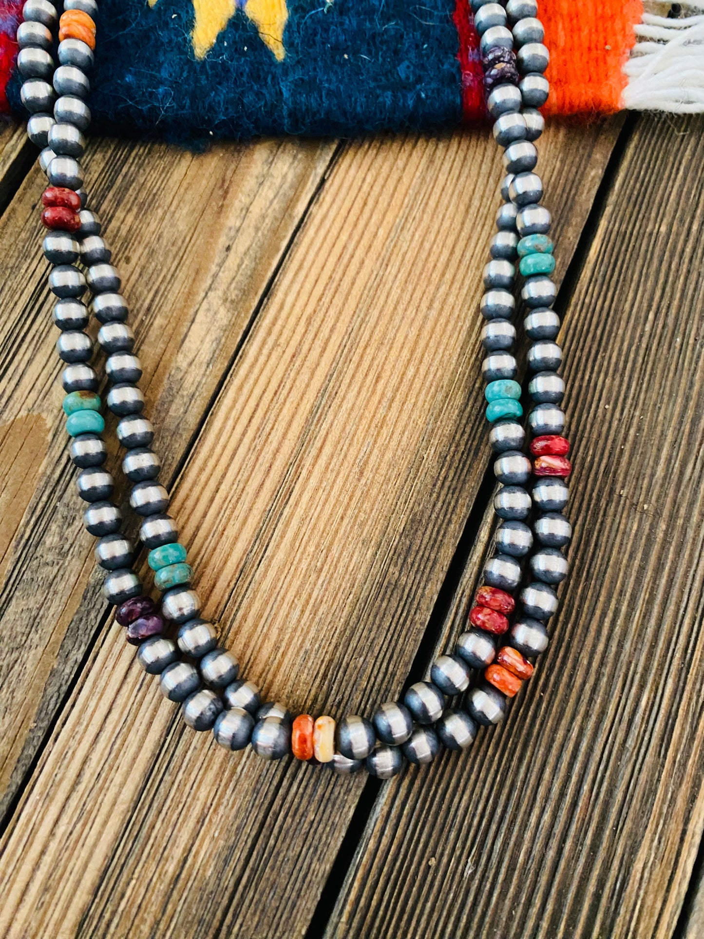 Handcrafted Multi Stone & Sterling Silver Pearl Beaded 36” Necklace