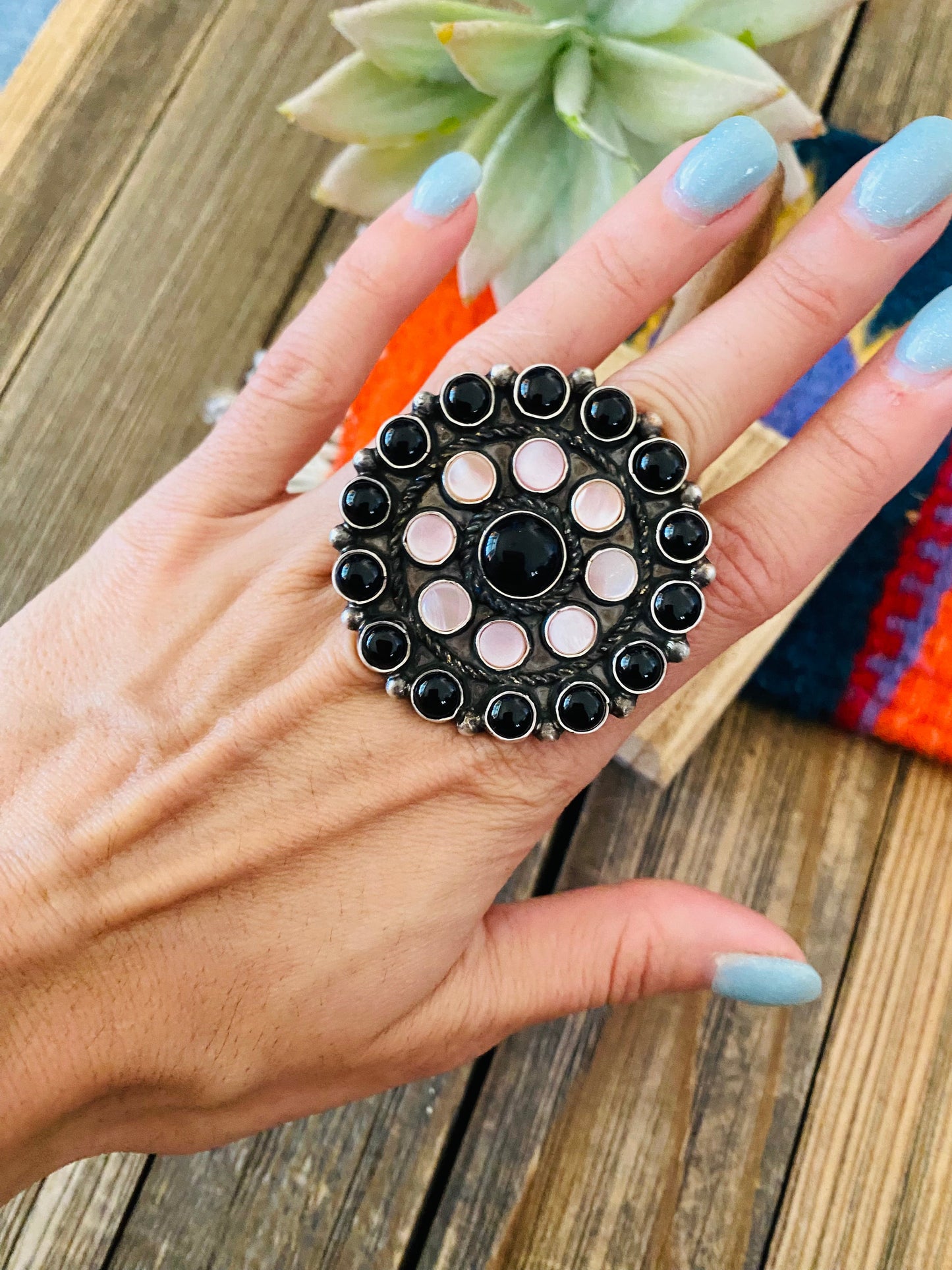 Handcrafted  Sterling Silver, Onyx & Mother of Pearl Cluster Ring Size 9
