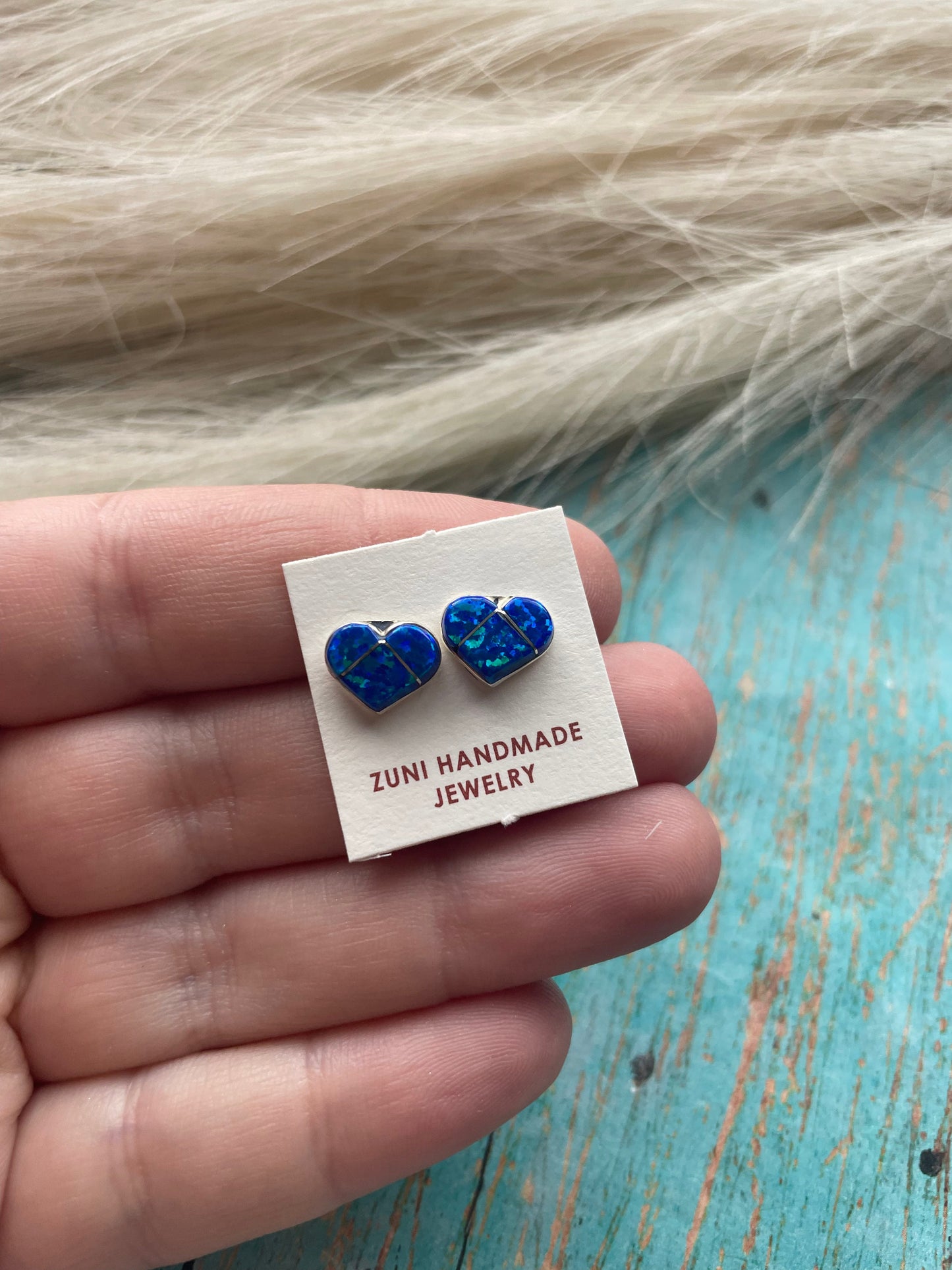 Handcrafted Sterling Silver & Blue Opal Inlay Heart Stud Earrings