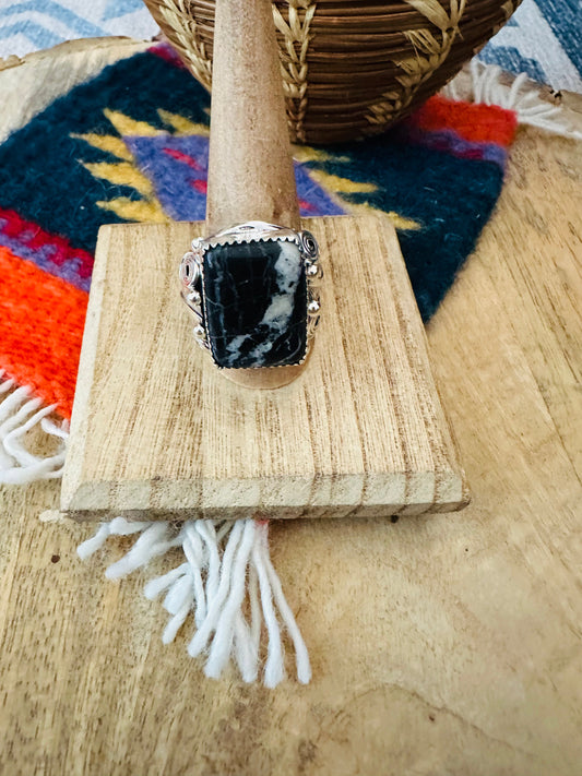 Handcrafted Sterling Silver & White Buffalo Band Ring Signed