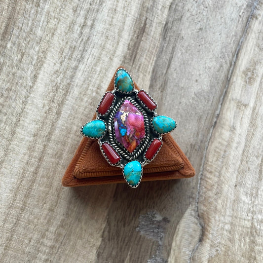 Beautiful Handmade Turquoise, Coral, Pink Dream And Sterling Silver Adjustable Ring Signed Nizhoni