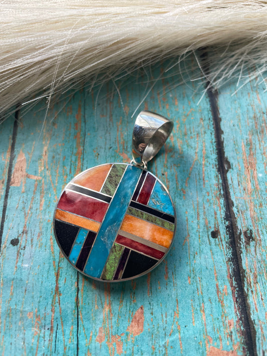 Handcrafted Multi Stone Inlay & Sterling Silver Circle Pendant