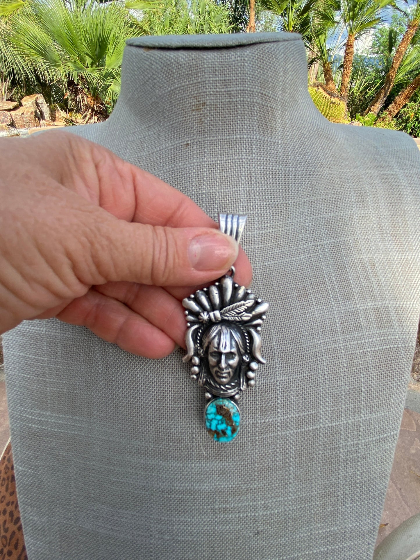 Sterling Silver & Kingman Web Turquoise Indian Chief Pendant