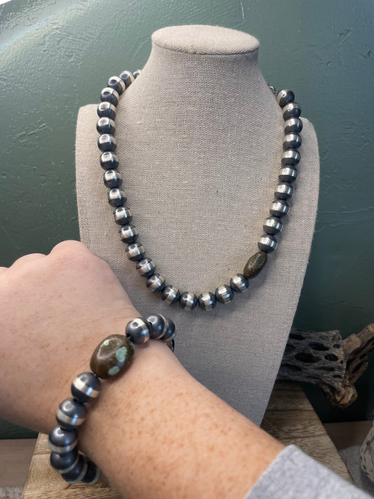 Handcrafted Sterling Silver Pearl 12mm Beaded Bracelet With Natural #8 Stone