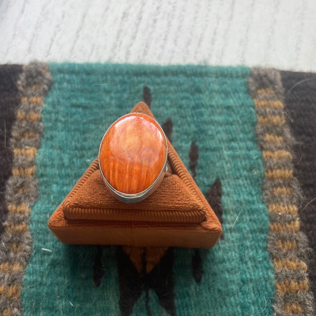 Handcrafted Sterling Silver & Orange Spiny Ring Size 7.5