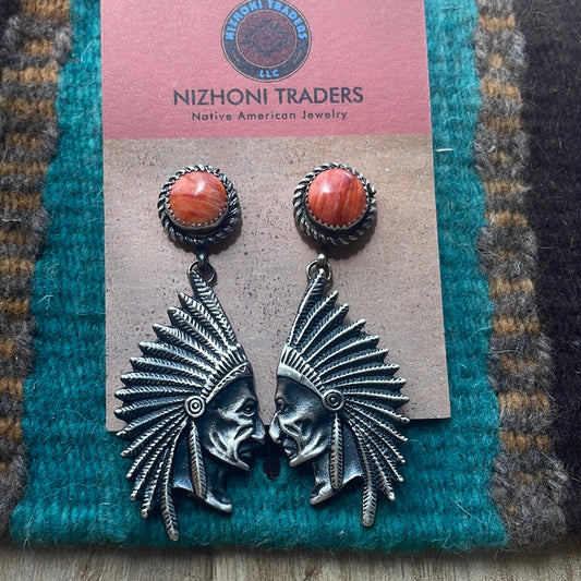 Beautiful Handcrafted Sterling Silver & Orange Spiny Dangle Chief Earrings Signed