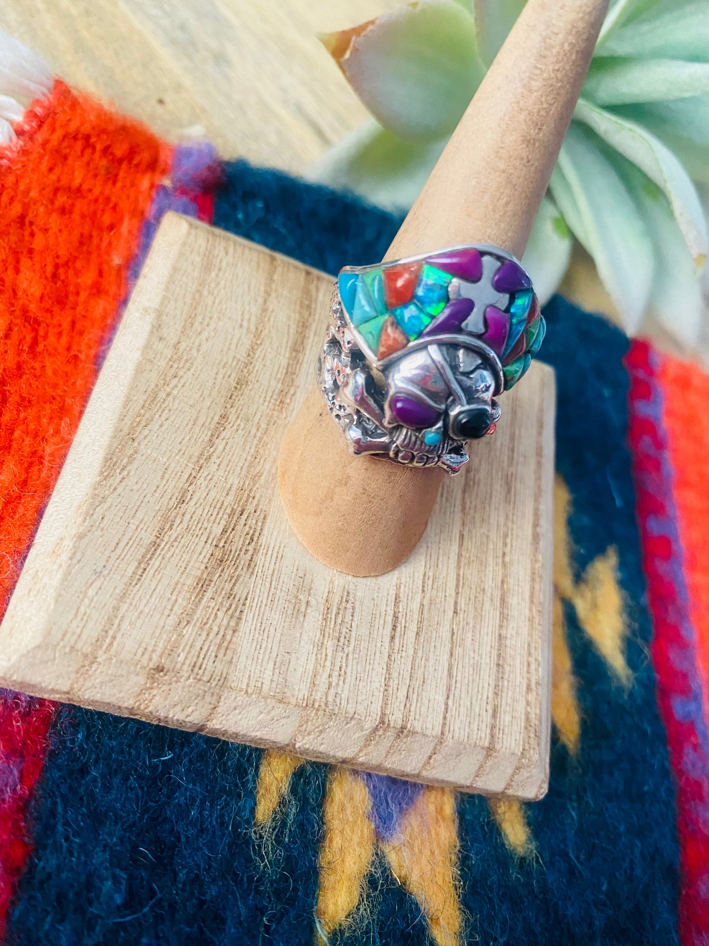 Handmade Sterling Silver & Multi Stone Inlay Skull Ring Size 7.5