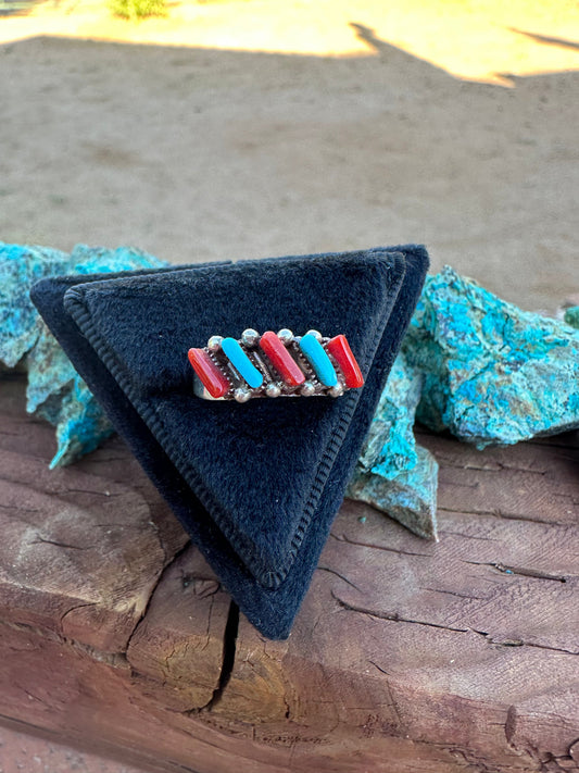 Handcrafted Needlepoint Sterling Silver & Coral 5 Stone Ring