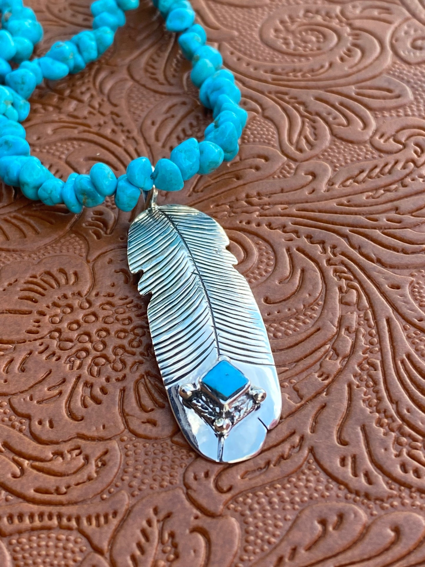 Handcrafted Kingman Turquoise & Sterling Silver Feather Pendant