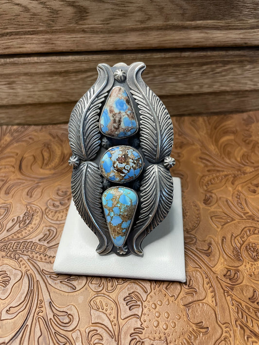 Handcrafted Golden Hills Turquoise And Sterling Silver Feather Adjustable Ring