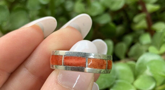 Handcrafted Sterling Silver & Orange Spiny Inlayed Stacker Ring