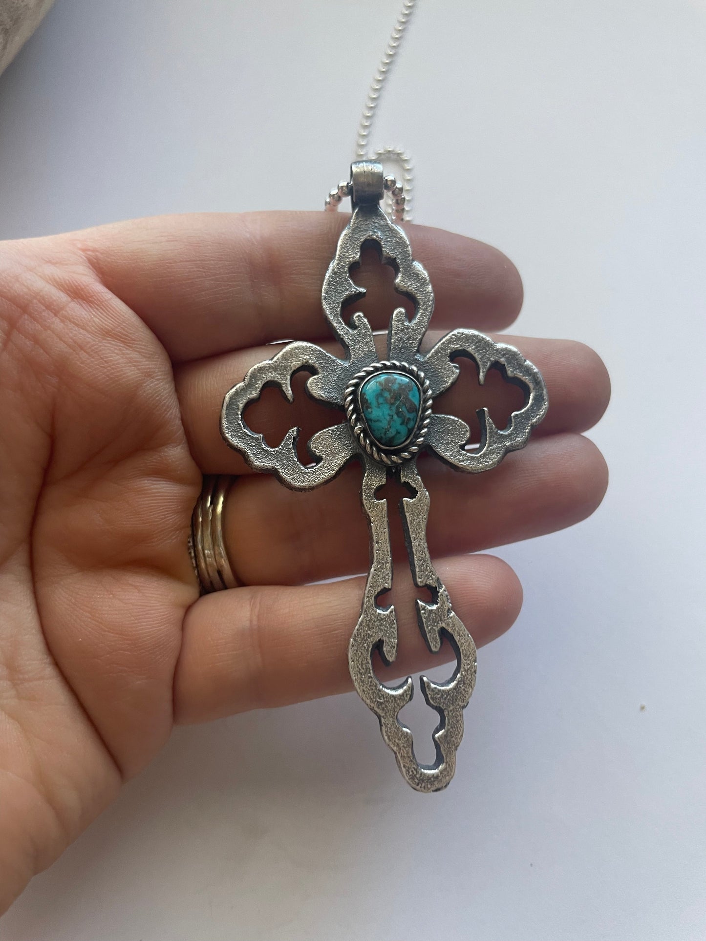 Handcrafted Sterling Silver & Turquoise Cross Pendant Signed Eugene Mitchell
