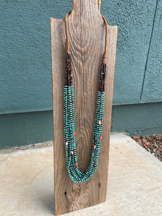 Handcrafted Turquoise, Spiny And Heishi Ten Strand Beaded Necklace