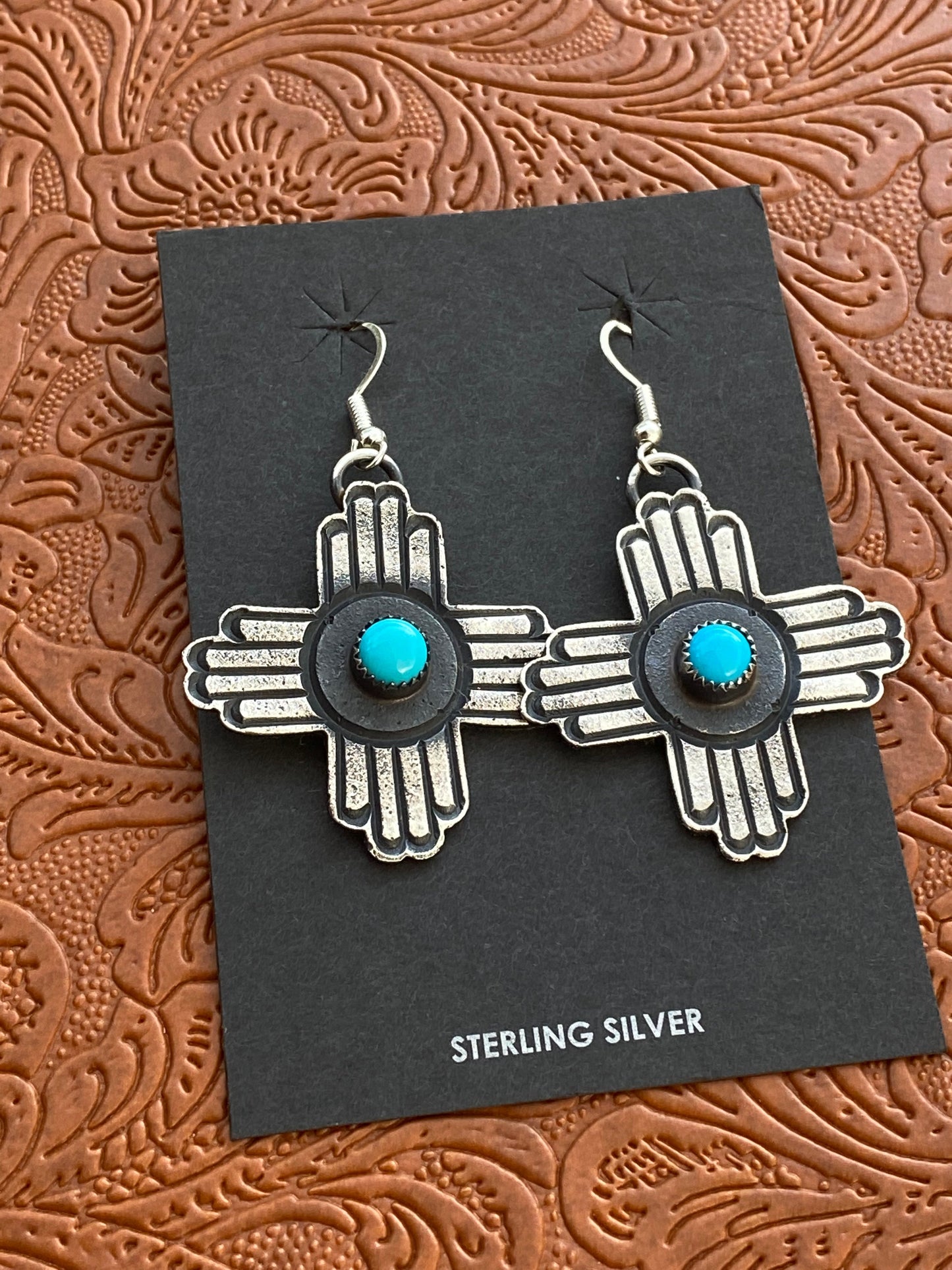 Navajo Turquoise & Sterling Silver Zia Dangle Earrings By Kevin Billah