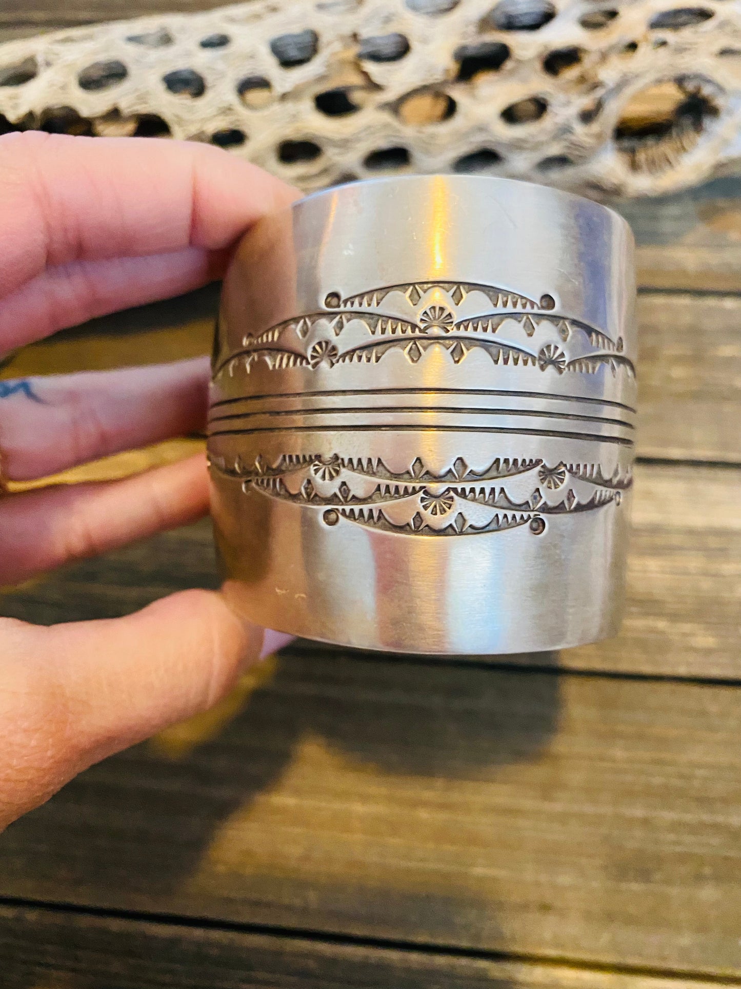 Old Pawn Vintage Navajo Hand Stamped Sterling Silver Watch Cuff