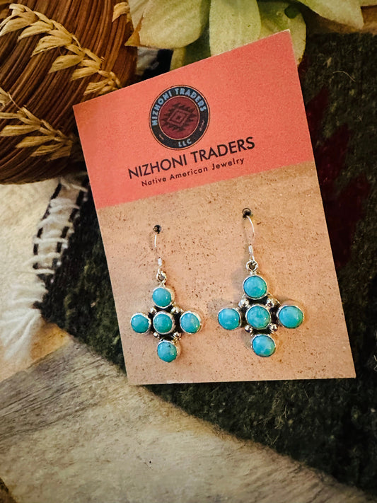 Handcrafted Sterling Silver & Turquoise Cluster Cross Dangle Earrings