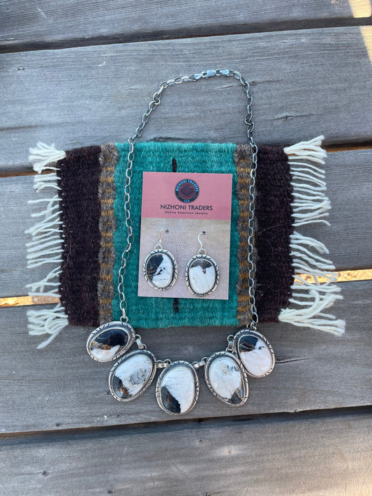 Handcrafted Sterling Silver & White Buffalo Necklace & Earrings Set Signed