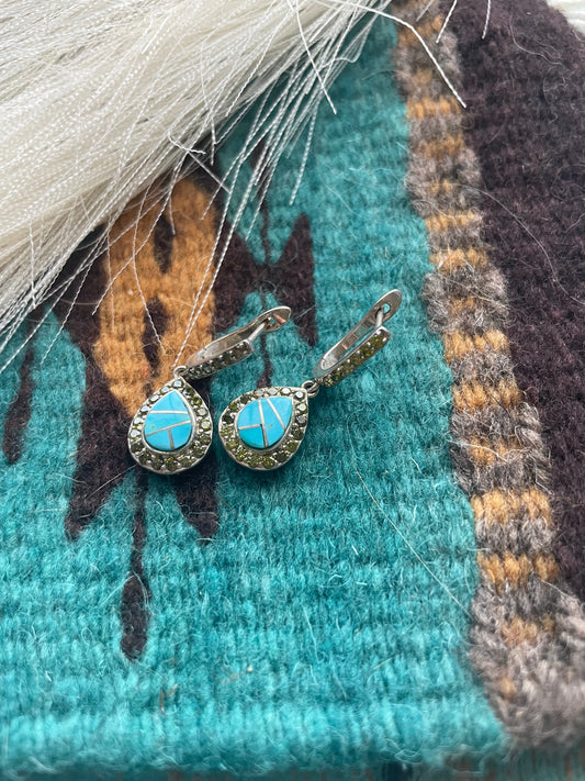 Handcrafted Turquoise Inlay, Peridot & Sterling Silver Dangle Earrings