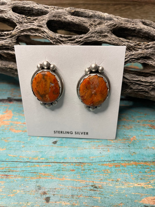 Handcrafted Apple Coral And Sterling Silver Post Earrings Signed