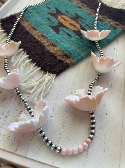 Handcrafted Pink Conch & Sterling Silver Flower Beaded Necklace 36”