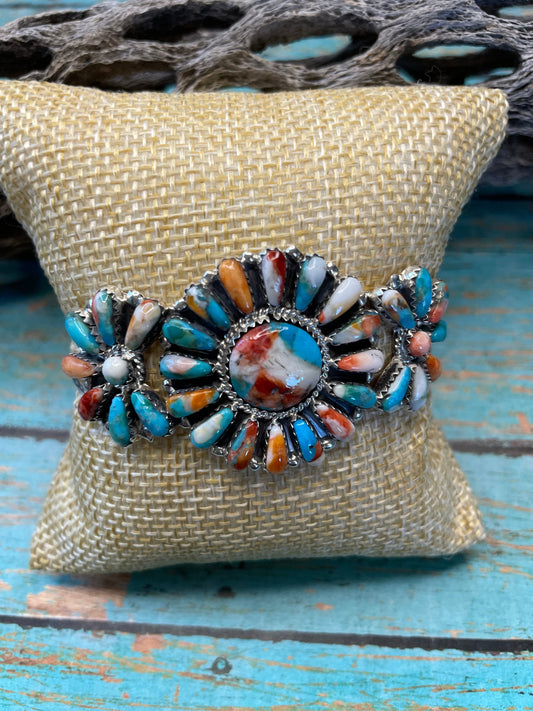 Handcrafted Multi Stone Spice And Sterling Silver Cluster Bracelet Cuff