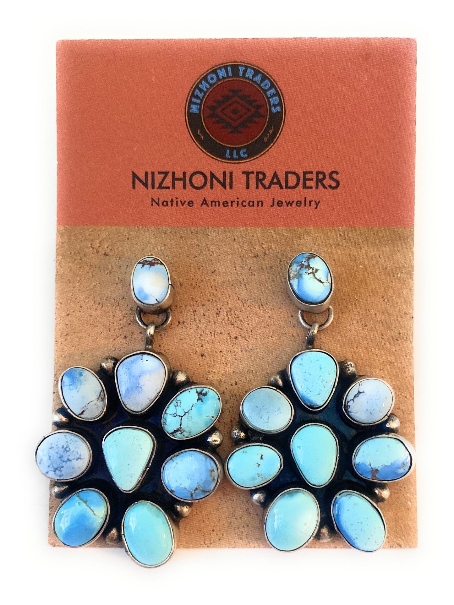 Navajo Golden Hills Turquoise & Sterling Silver Cluster Dangle Earrings