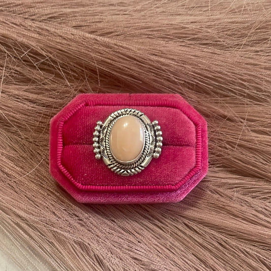 Gorgeous Handcrafted Pink Peruvian Opal And Sterling Silver Adjustable Ring