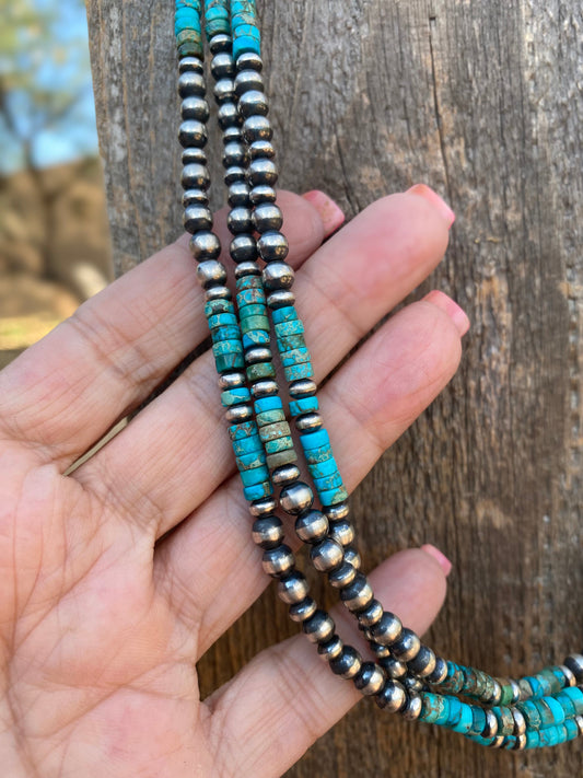 Navajo 3 Strand Kingman Turquoise & Sterling Beaded 18 inches