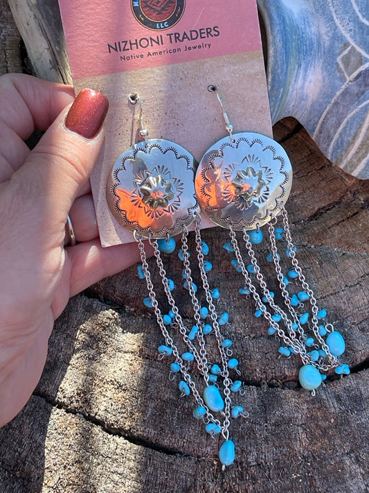 Sterling Silver Turquoise Concho Chain Dangle Earrings