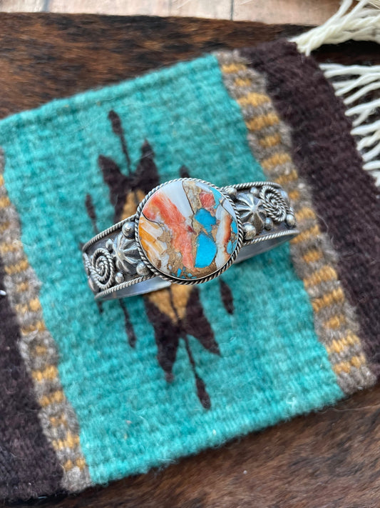 Handcrafted Multi Stone Spice & Sterling Silver Cuff Bracelet Signed Jacquline Silver