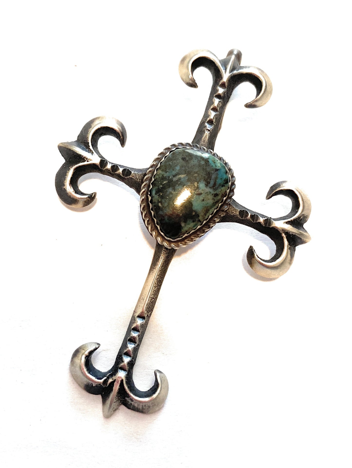 Handcrafted Sterling Silver & Royston Turquoise Cross Pendant By Martha Cayatineto