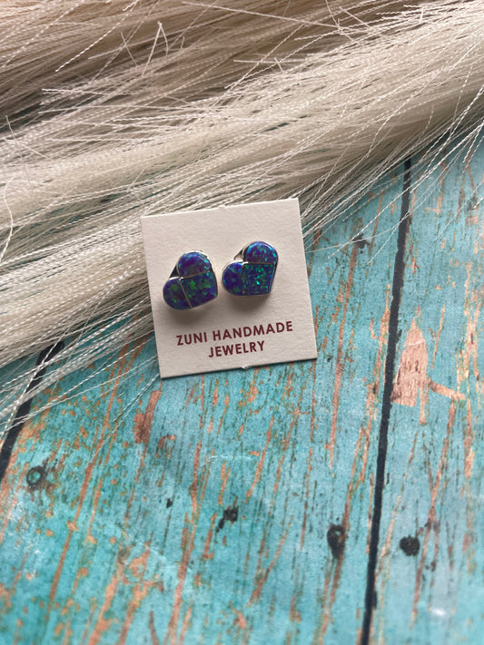 Handcrafted Sterling Silver & Purple Opal Inlay Heart Stud Earrings