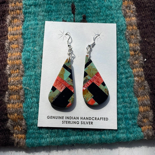 Handcrafted Multi Stone Inlay Dangle Earrings